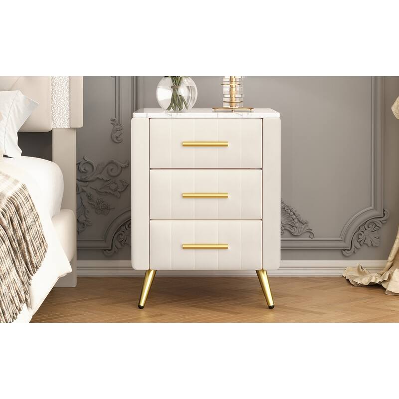 Upholstered Wooden 3-Drawer Nightstand - Metal Legs/Handles + Marbling Sticker Top Bedside Table (Beige)