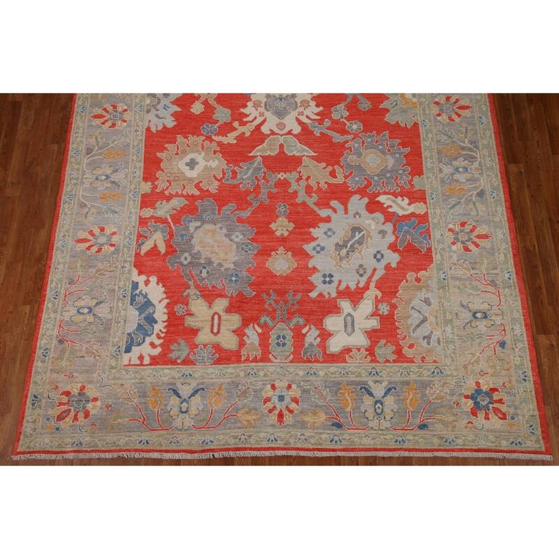 Red Floral Oushak Vegetable Dye Area Rug Handmade Wool Carpet - 8'2"x 9'11"