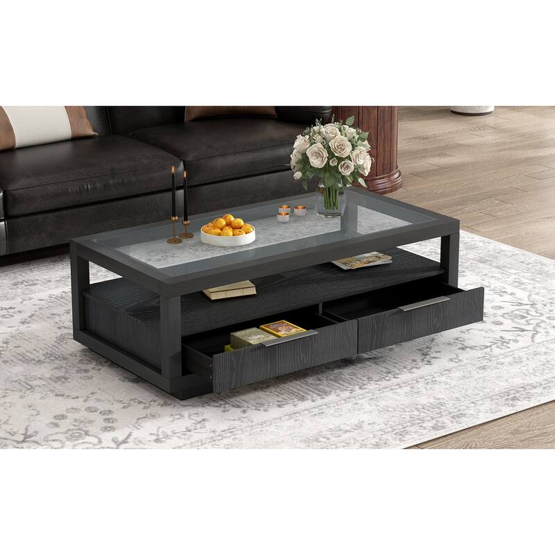 Coffee Table with Transparent Tempered Glass and 2 Drawers, Center Table with Open Storage Shelf