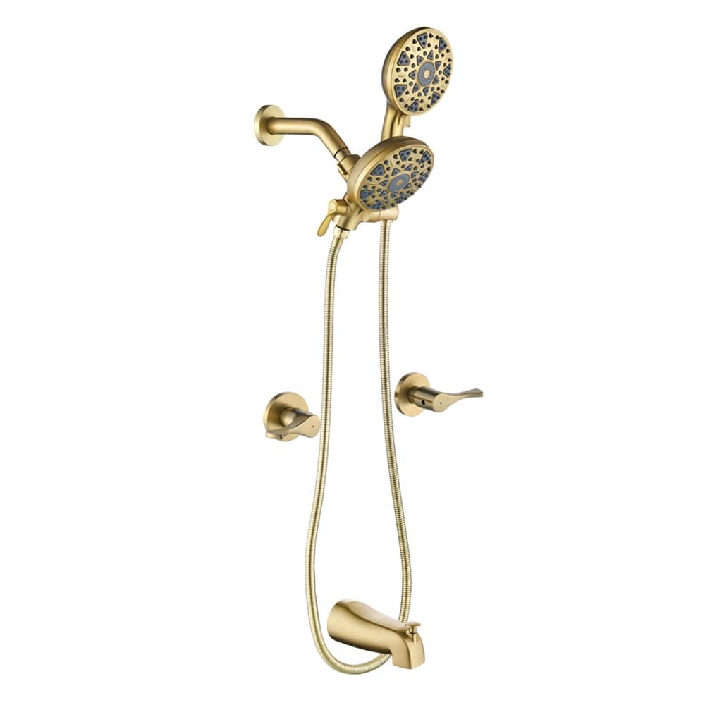 Wall Mount Dual Head Shower Faucet with Tub Spout Brass Complete Shower System with Handheld Shower Valve Included
