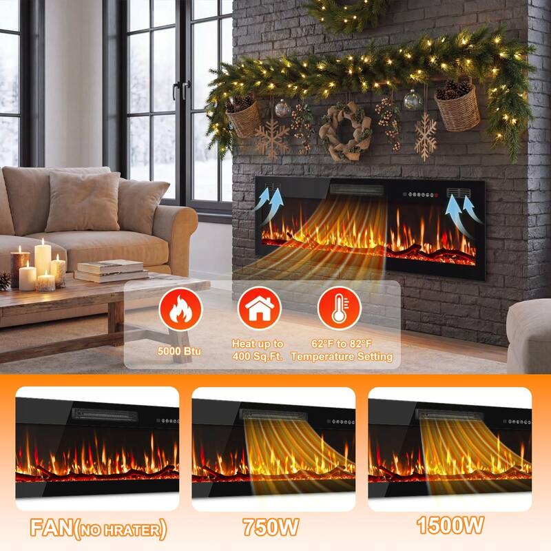 BOSSIN 50" Slim Linear Electric Fireplace with 8H Timer and Overheating Safe Design, 750w/1500w Electric Fireplaces Space Heater