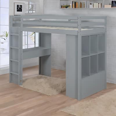 Twin Size Loft Bed with large shelves, writing desk and LED Light