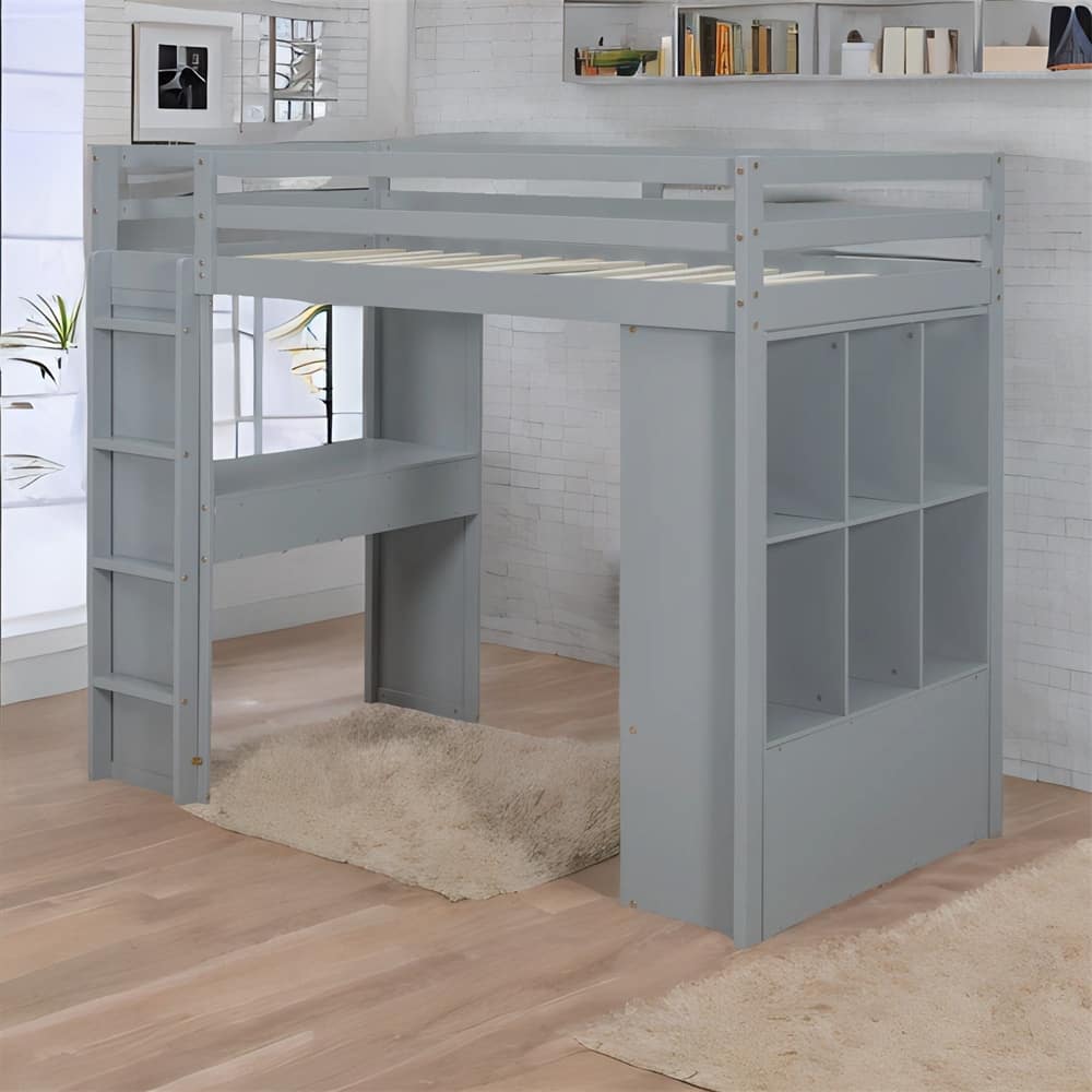 Twin Size Loft Bed with large shelves, writing desk and LED Light