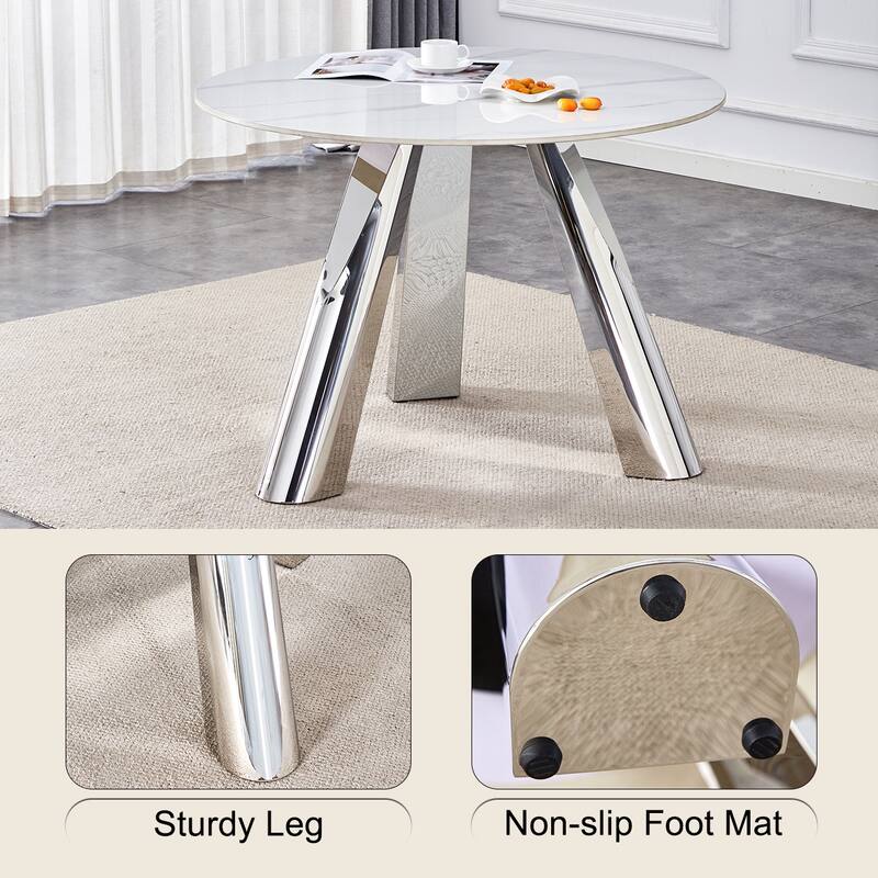 Roomfitters 42" Round Dining Table with Marble Top and Stainless Steel Legs, Seats 4 to 6, White Marble