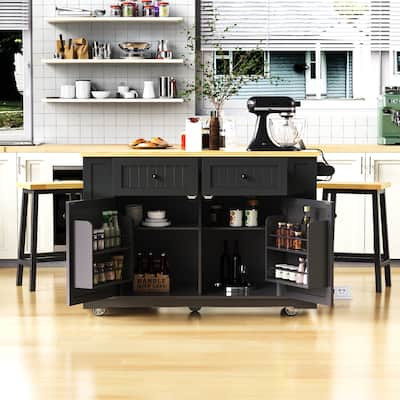 Rolling Island Cart with Drop Leaf, Large Kitchen Island on Wheels, Kitchen Cart with Power Outlet & 5 Open Side Racks