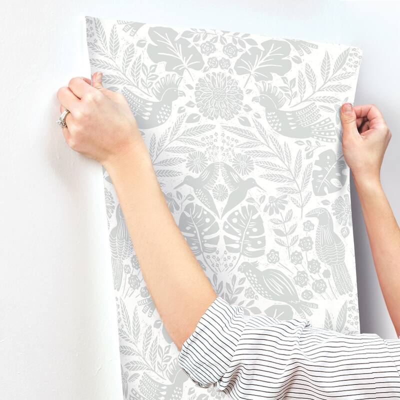 A-Street Prints Nestle Light Grey Bird Block Print Wallpaper