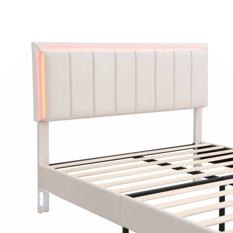 Upholstered Platform Bed with LED Lights and Two Motion Activated Night Lights,Queen Size Storage Bed with Drawer