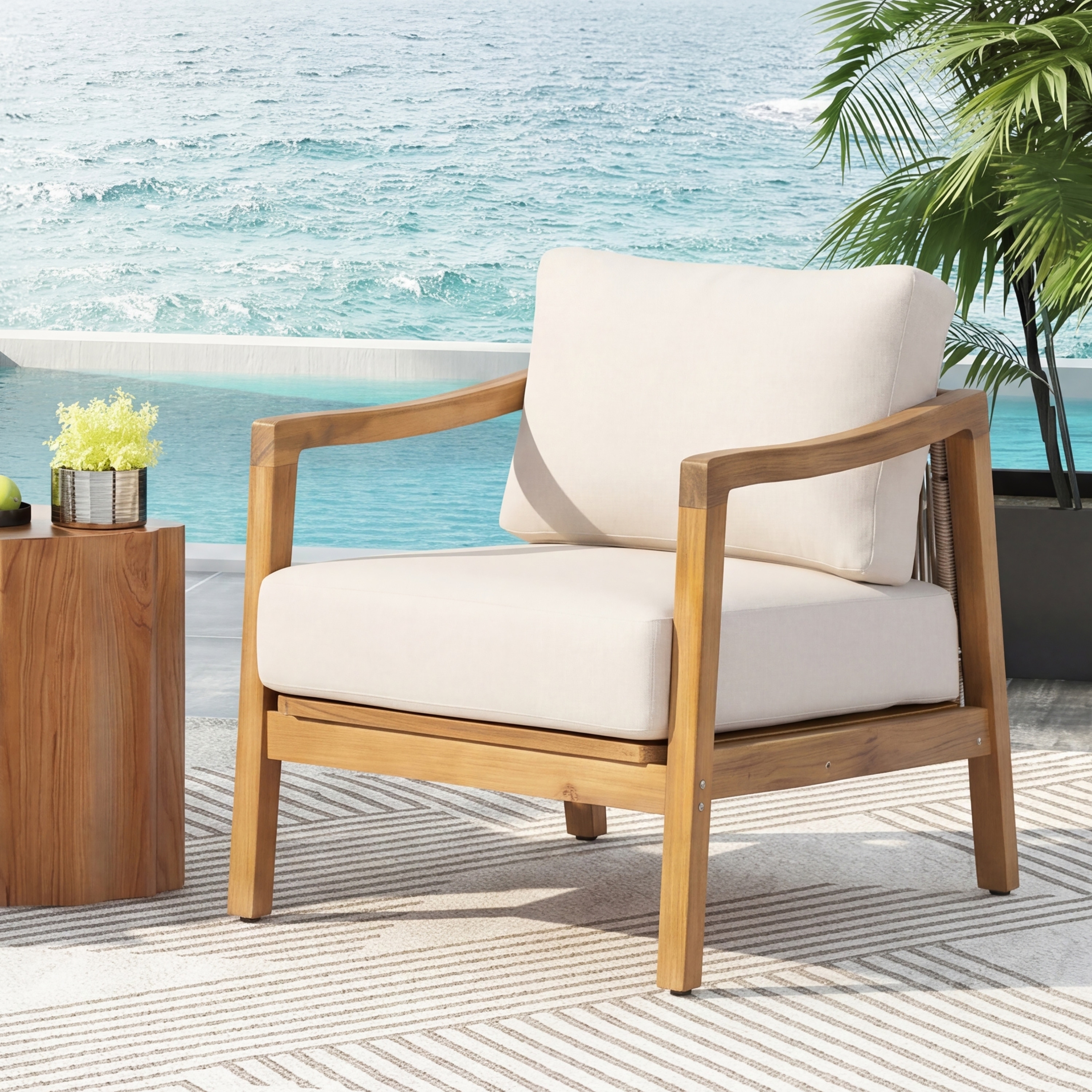 Acacia Wood Outdoor Club Chair with Rope Back and Water Repellent Cushions