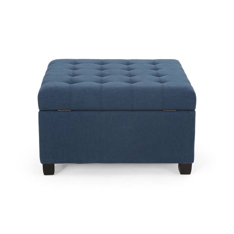 Upholstered Tufted Fabric Storage Ottoman with Birch Wood Legs