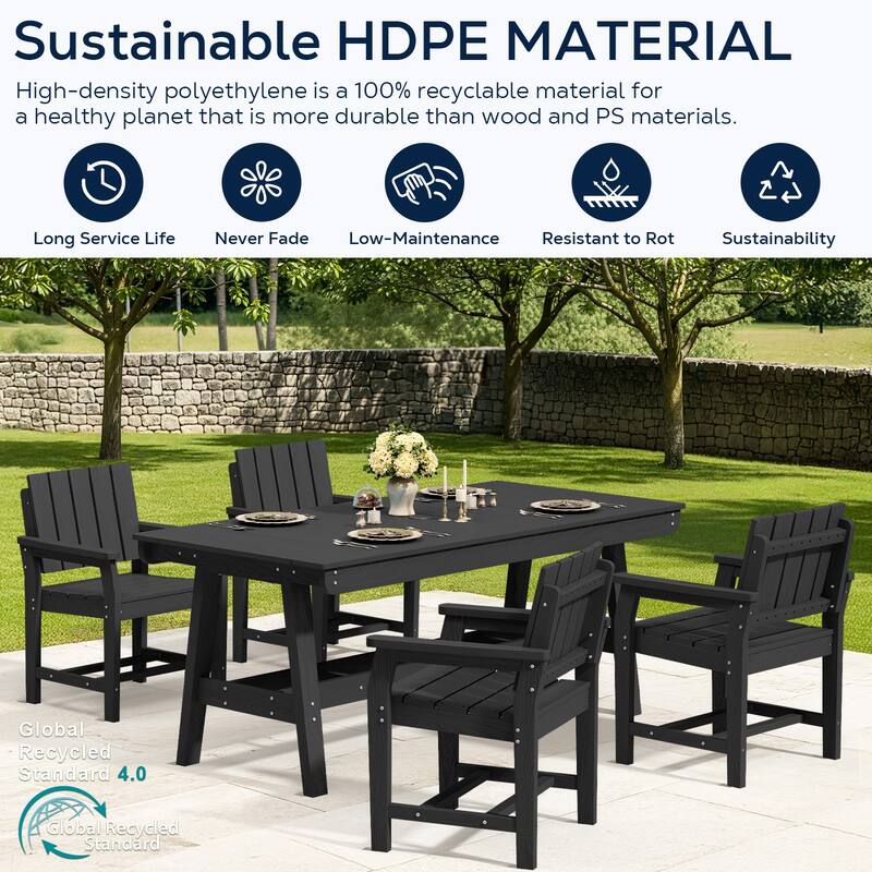 HDPE Patio Dining Set with Rectangular 67.91in W Table with Umbrella Hole and 4 Chairs - N/A