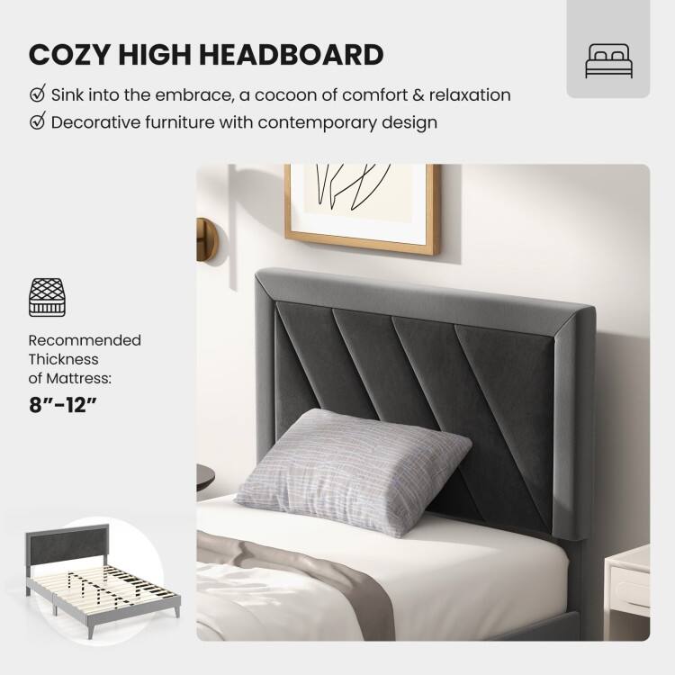 Twin/Full/Queen Platform Bed with High Headboard and Wooden Slats