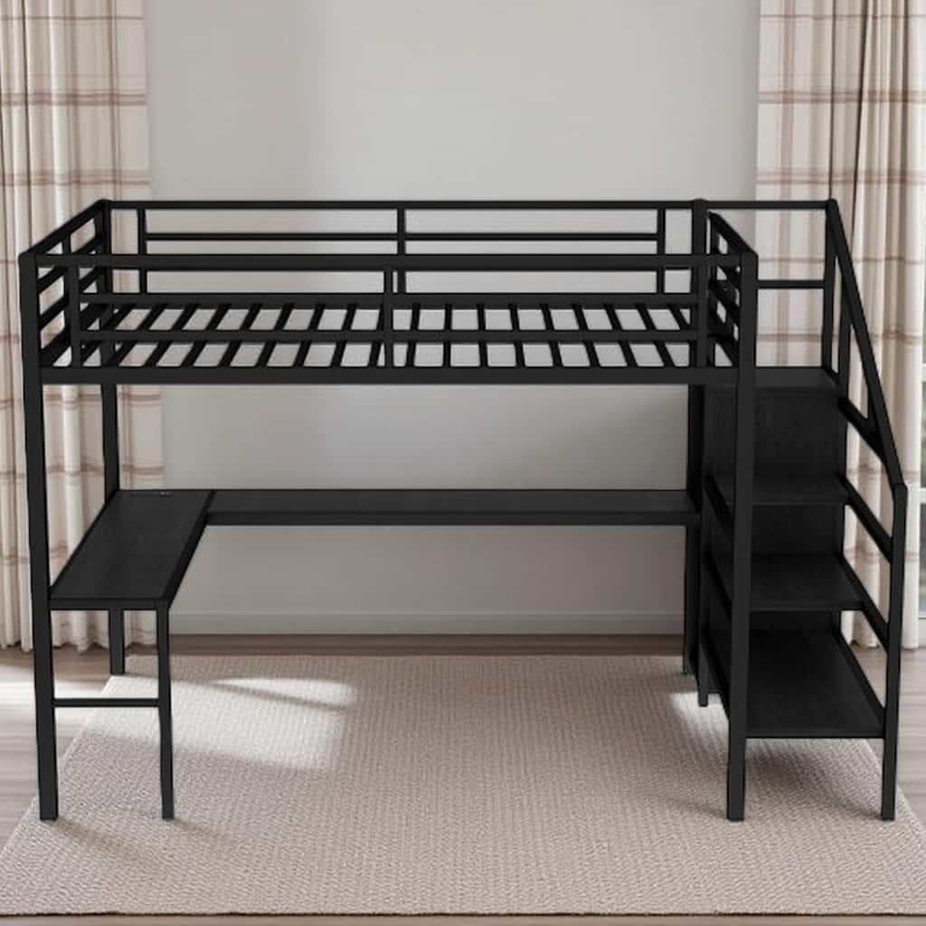 Multi-Functional Loft Bed with Closet, USB Ports, Shelves & Desk, with Storage Stairs