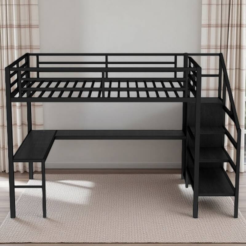 Multi-Functional Loft Bed with Closet, USB Ports, Shelves & Desk, with Storage Stairs - Queen Black - Queen