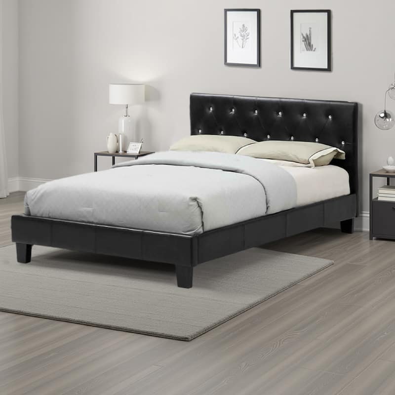 Low Profile California King Size Bed with Button Tufted Headboard, Black