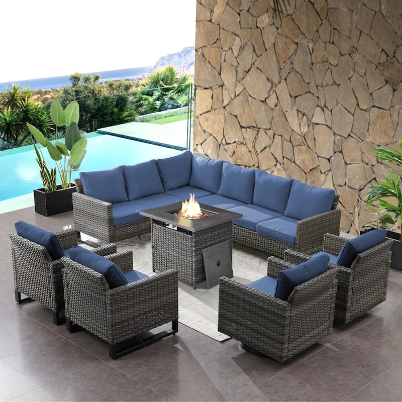 Fire Pit Table with Patio Sofa Swivel Chair Sets - Grey - Blue