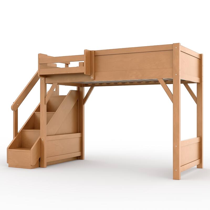 Full/Twin Loft Bed with Built-in Wardrobe, Storage & Stairs - Solid Wood, Full-Length Guardrails, No Box Spring