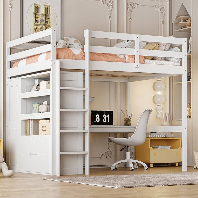 Full Size Loft Bed with Built-in Wardrobe, Desk, Storage Shelves, and Drawers, White