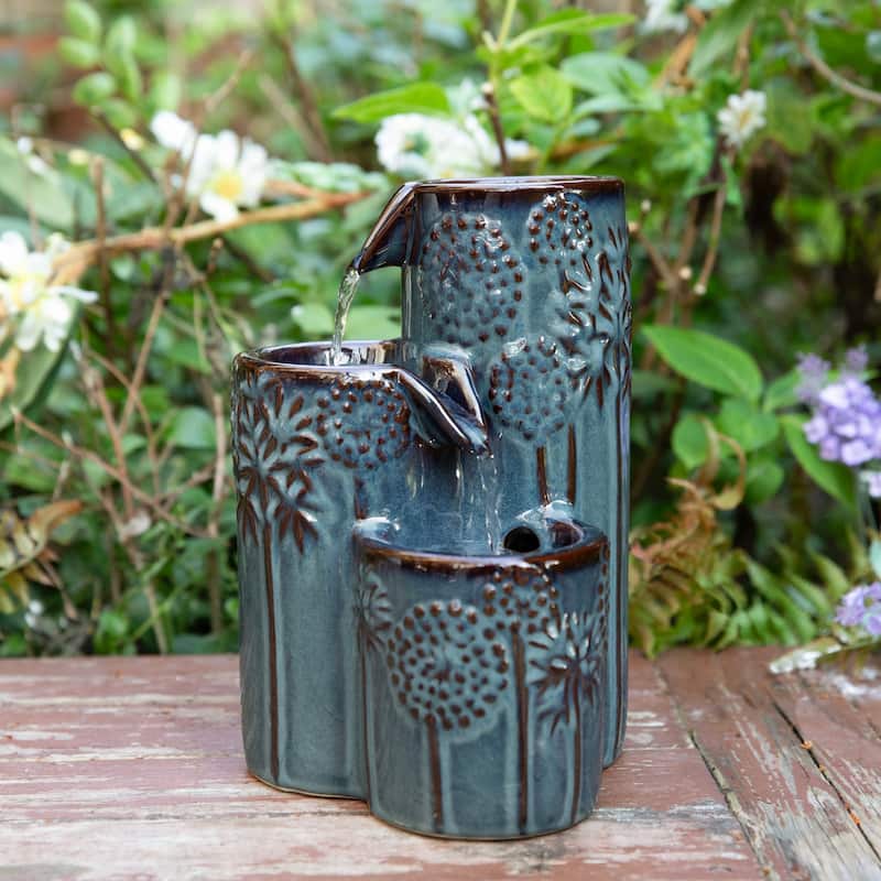 Glitzhome 10"H 3-Tier Turquoise Ceramic Tabletop Fountain with Pump and LED Light