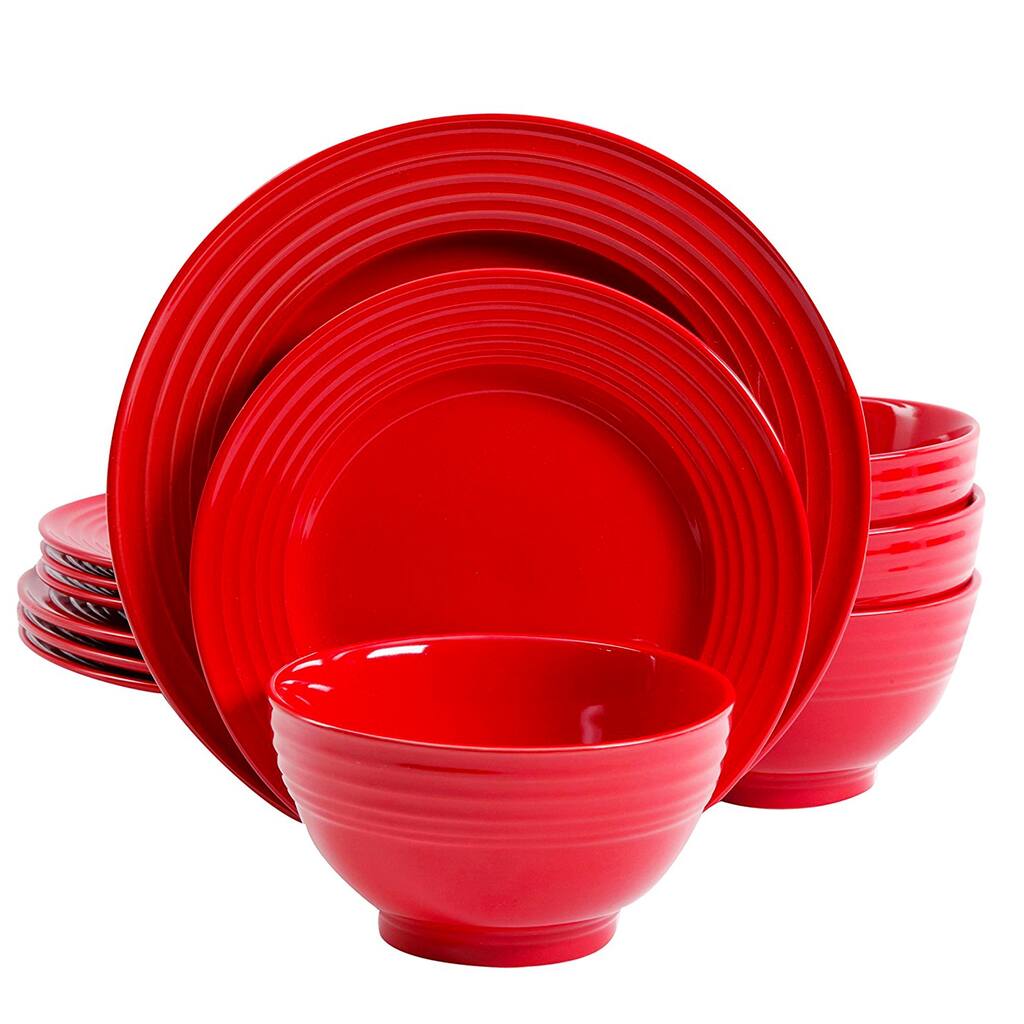 Gibson Banded Gloss 12 Piece Stoneware Dinnerware Set in Red