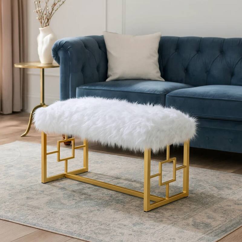 Modern Style Faux Upholstered Bench with Geometrical Side Panels, White and Gold