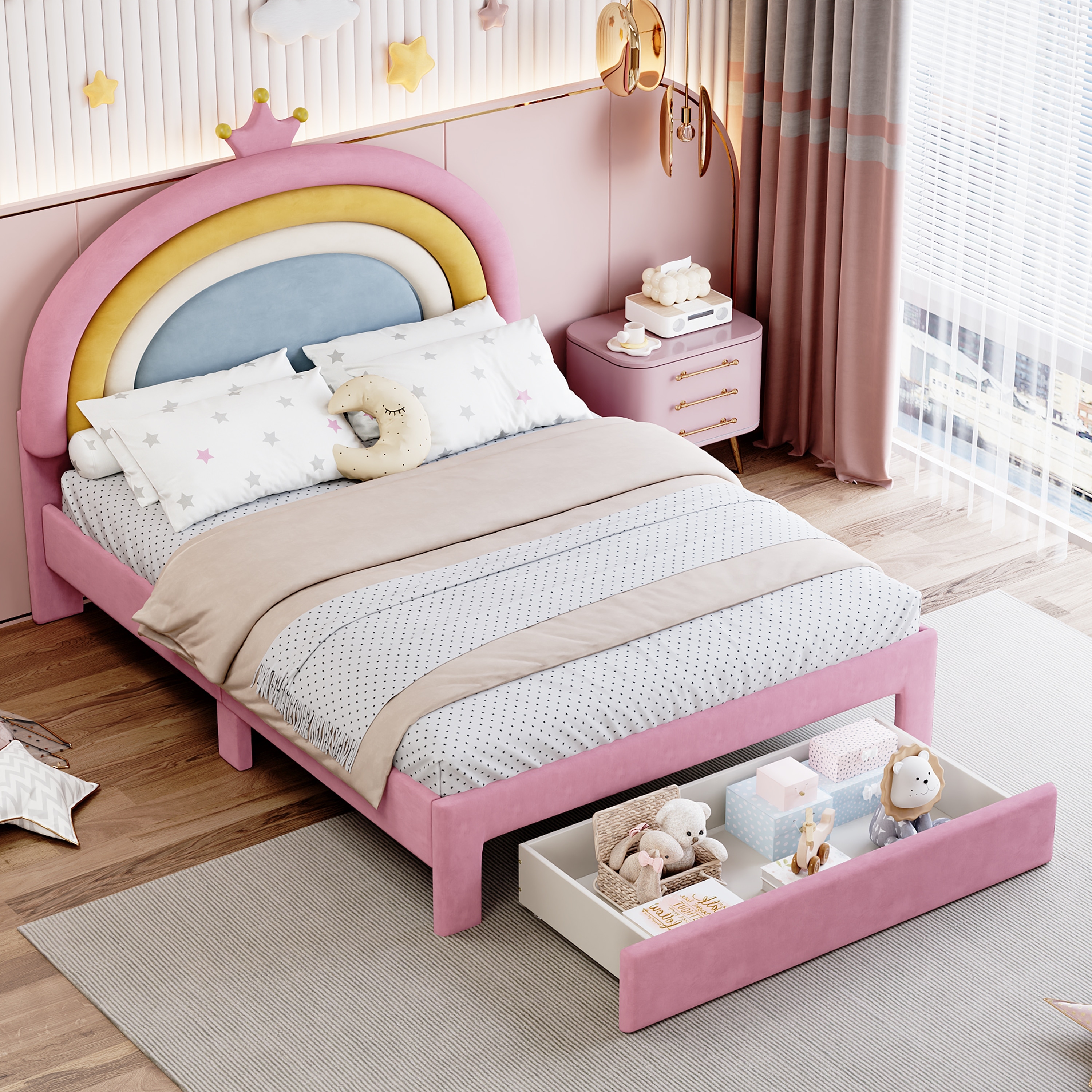 Full Size Upholstered Platform Bed with Storage Drawer