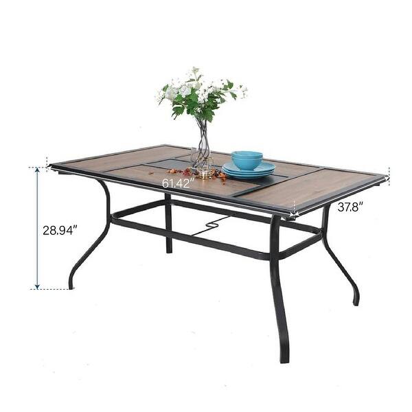 dimension image slide 1 of 3, 7PCS Patio Dining Set, Large Rectangular Wood Like Top Table with 4 Metal Chairs and 2 Swivel Chairs