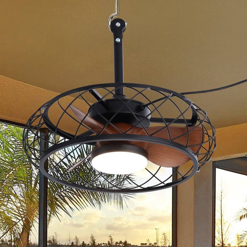 20" Outdoor Ceiling Fan with Lights and Remote Control, Waterproof Enclosed Caged Ceiling Fan with 3-Color LED Light for Patio