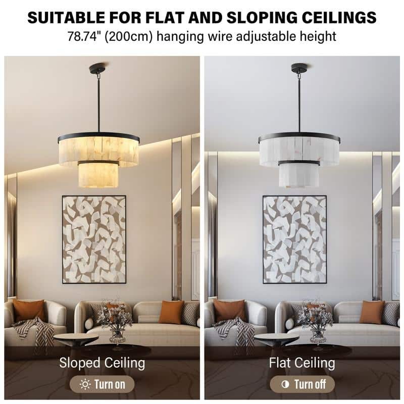 Elegant layered alabaster chandelier with natural stone panels