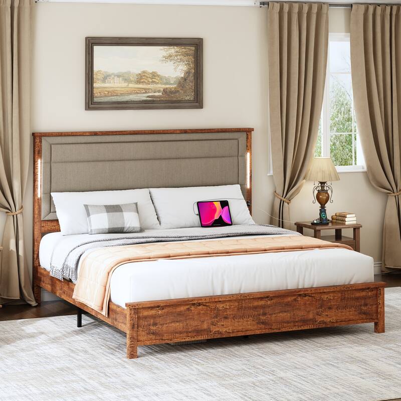 Platform Bed with Upholstered Headboard, Charging Station & LED Lights