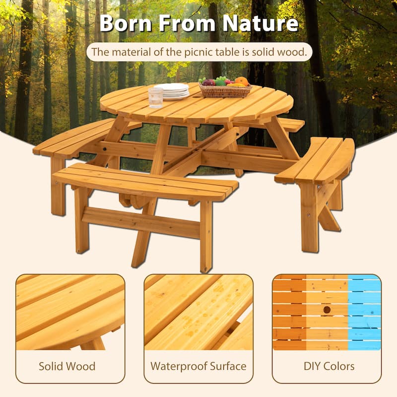 8 Person Wooden Picnic Table - Outdoor Camping Dining Table with Seat, Garden DIY with 4 Built-in Benches, 2220 lb Capacity