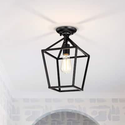 8.5 in. 1-Light Matte Black Farmhouse Semi-Flush Mount Ceiling Light - N/A