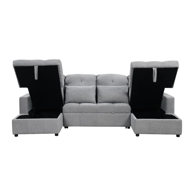 U-shaped Sofa Pull-out Sofa Bed, Modular Sectional Sofa with 2 Storage Chaise Lounges and 2 USB Ports for Living Room