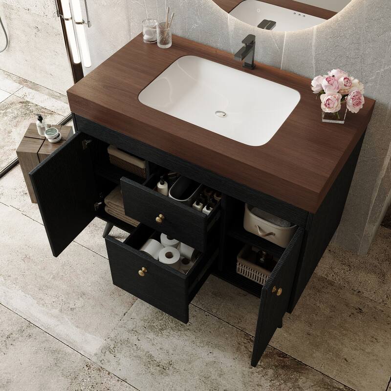 36" Modern Freestanding Bathroom Vanity with Sintered Stone Top, Ceramic Sink & Smart Storage
