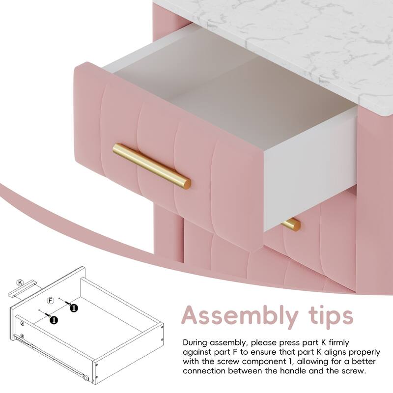 Velvet Upholstered Nightstand with 3 Drawers and Marbling Stickers Worktop