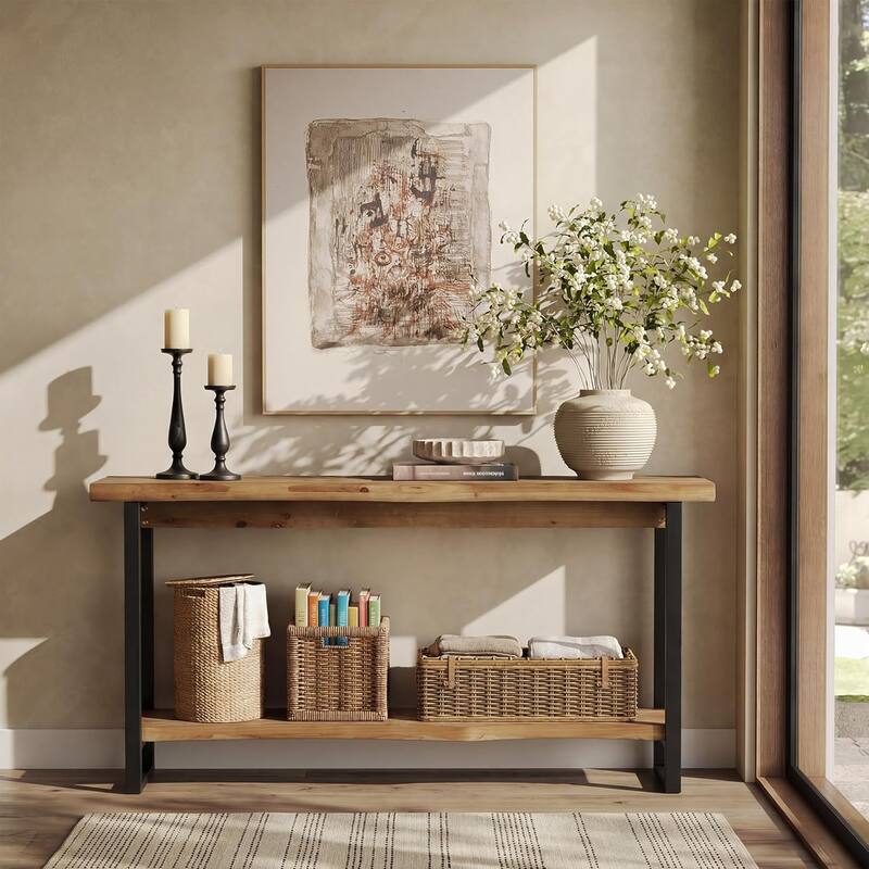 63 Inches Wood Console Table for Entryway, Farmhouse Long Sofa Table with Unique Shape for Foyer, Entrance, Living Room