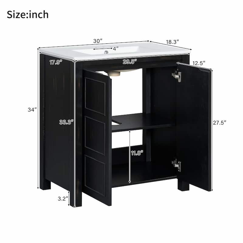 Vintage Style Bathroom Vanity Combo with Ceramic Sink and 2 Soft-close Doors