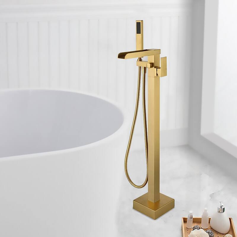 BATHLET Single Handle Floor Mounted Freestanding Tub Filler with Handshower - Yellow