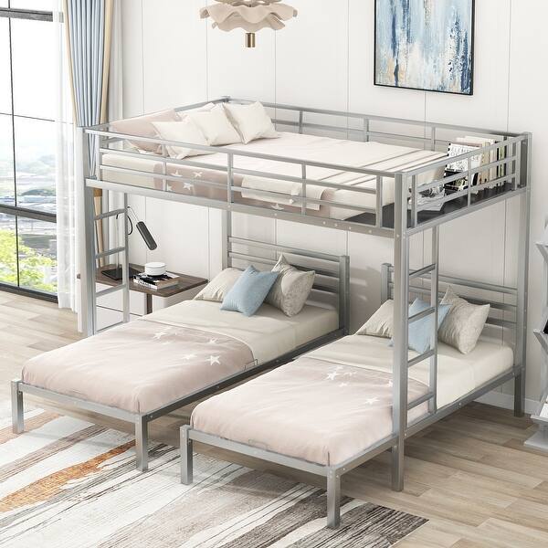 slide 2 of 18, Full over Twin & Twin Size Bunk Bed with Built-In Shelf and Guardrail Silver