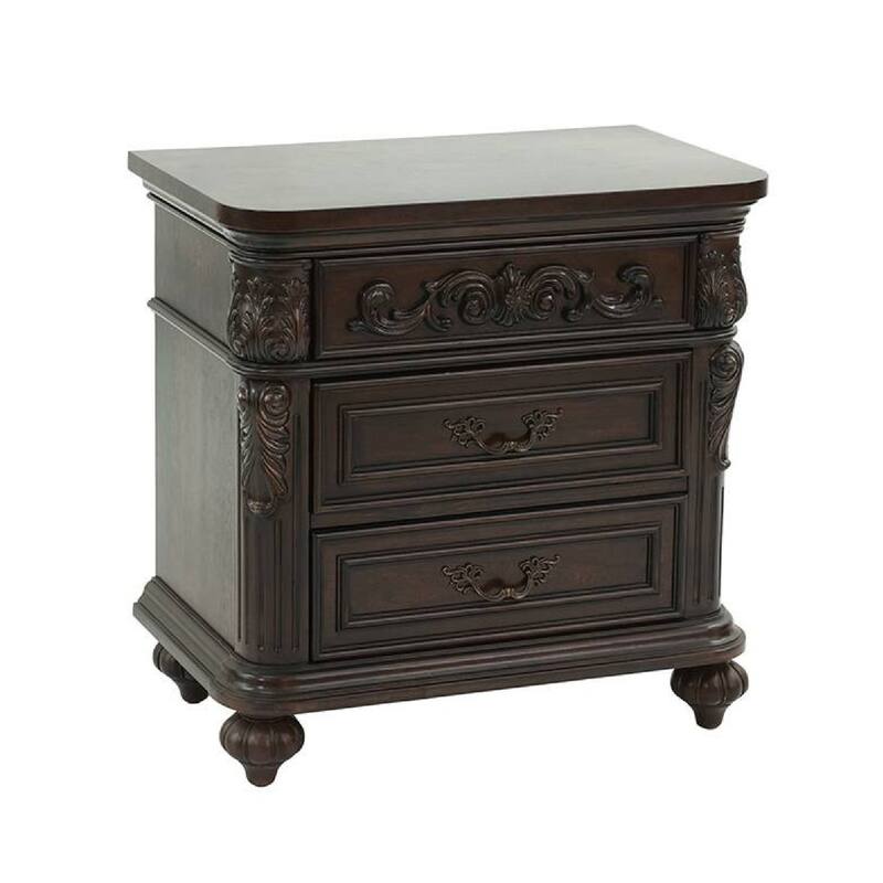 30 Inches 3 Drawer Engraved Wooden Nightstand, Brown
