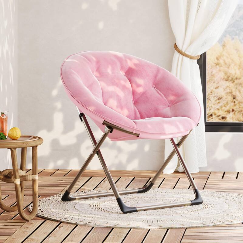 Comfy Folding Saucer Chair for Bedroom, Faux Fur Lounge Moon Chair with Sturdy Metal Frame, Oversized Plush Flower - Pink With Gold Legs