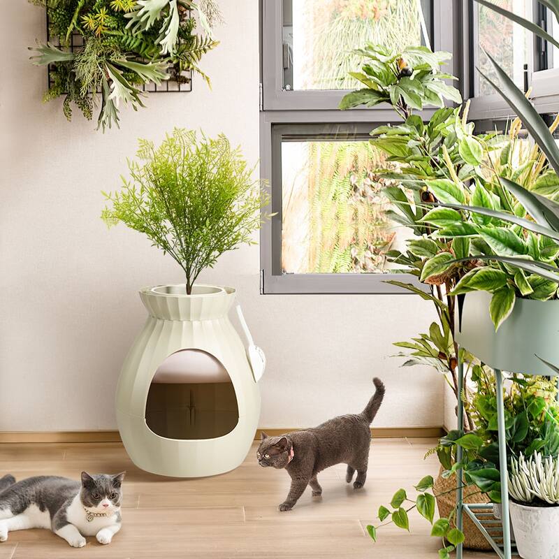 EROMMY Hidden Cat Litter Box Enclosure with Artificial Plants, Plasma Sterilization System