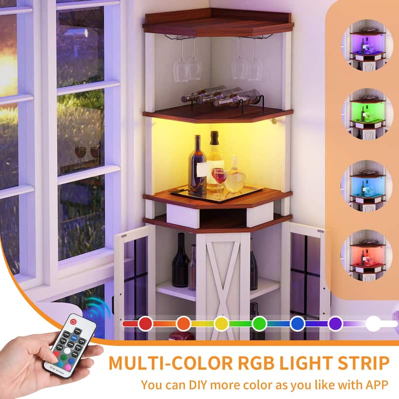72" Tall Farmhouse Corner Bar Cabinet with Glass Door & LED Lights