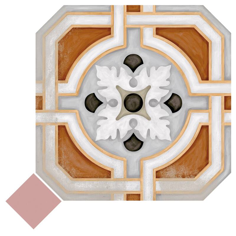 Merola Tile Vaudeville Octagon Deco Zimer with Taco Pink 7-7/8" x 7-7/8" Porcelain Floor and Wall Tile