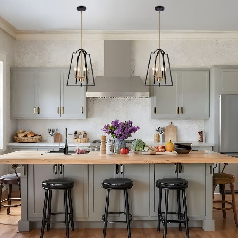 Modern Farmhouse Black Gold 4-Light Lantern Geometric Chandelier Candle Kitchen Island Pendant Light - 14" W x 17.5" H