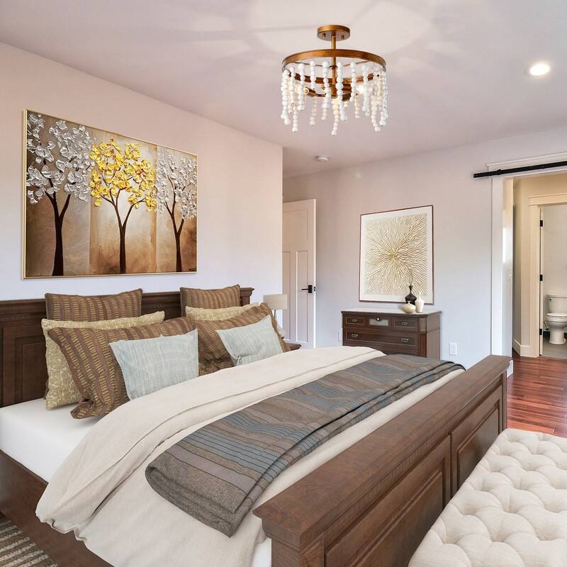 Boho Glam 3-Light Wood Beads Semi-flush Mount Ceiling Light Coastal Chandelier - Antique brass - D14"xH14"