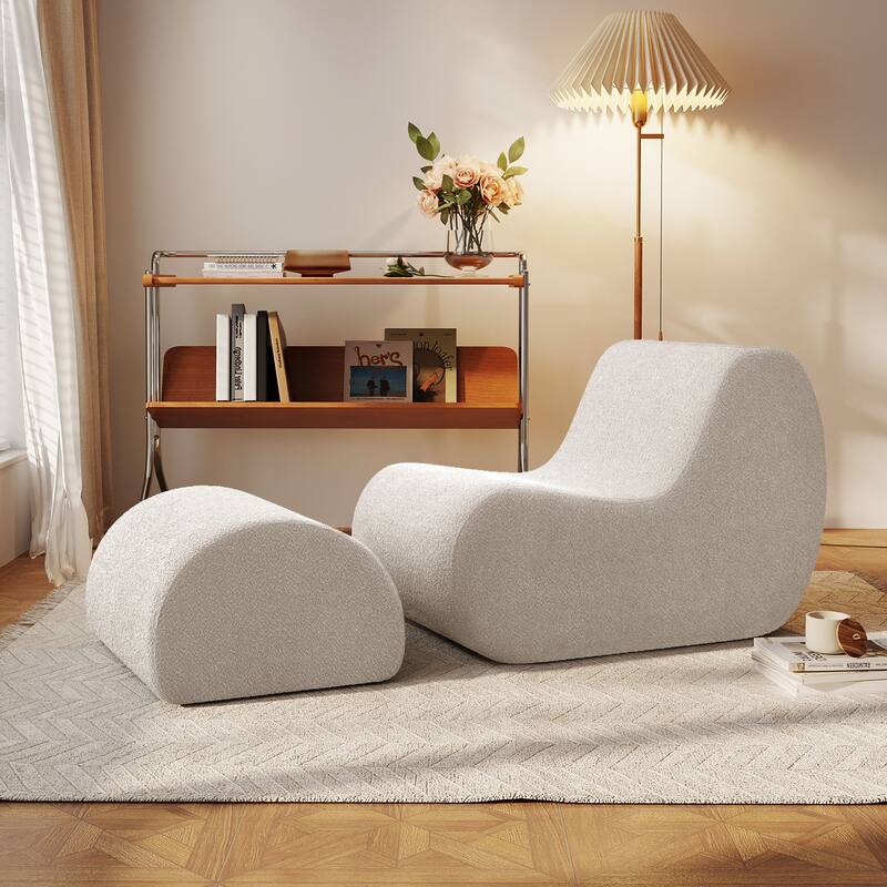Elegant Accent Chair with Ottoman,Stylish Curved Design and Minimalist Lines for Ultimate Comfort, High-Resilience Foam - White