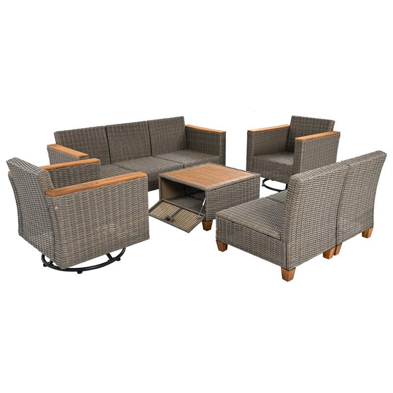 8-Piece Wicker Outdoor Patio Furniture Set with Thick Cushion, Rattan Patio Swivel Rocking Chairs Set of 2 with Acacia S
