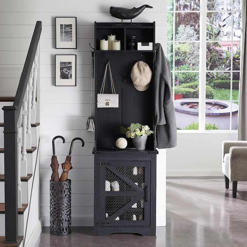23" Wide Farmhouse Entryway Bench with Coat Rack, Hall Tree Cabinet