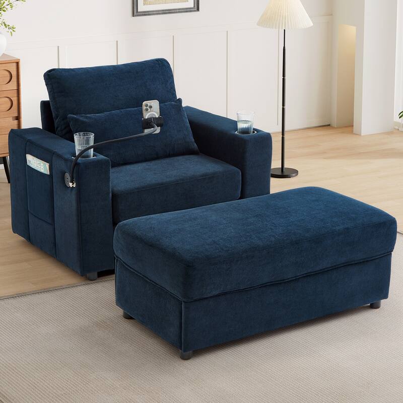 Modern Multifunctional Armchair Chaise Lounge with Movable Ottoman by Harper&Bright Designs - Blue