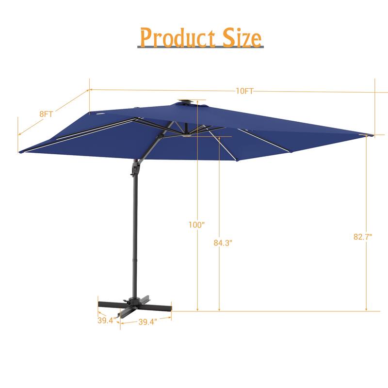 LIVOOSUN 10x8ft LED Rectangle Cantilever Umbrella Patio Offset Umbrella For Outdoor Space, Solution-Dyed Fabric, 360° Rotation